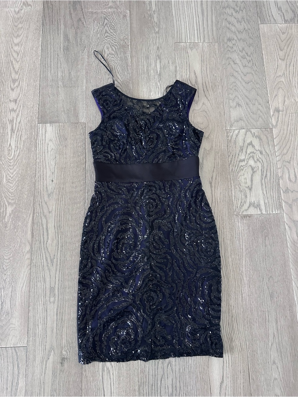 Ricki's Navy Blue Sequin Midi Sheath Dress with Satin Waistband